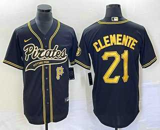 Men's Pittsburgh Pirates #21 Roberto Clemente Number Black Cool Base Stitched Baseball Jerseys